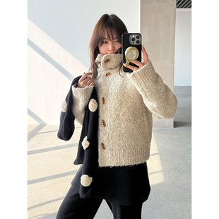 梵妮Fanny 复古软糯羊毛毛衣外套女冬季新款高领显瘦针织开衫上衣