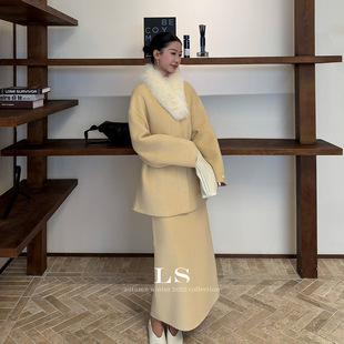 半身裙两件套套装 梵妮Fanny 白色全羊毛双面呢大衣女气质毛领长款