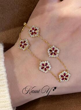 中古爆闪满钻红色闪钻花朵手链新中式轻奢时尚百搭精致气质手饰女