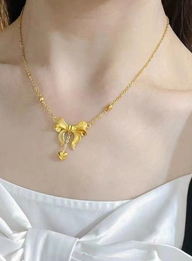 在逃公主项链女蝴蝶结18k金不掉色气质网红锁骨链镀金黄金色钛钢