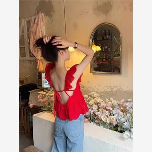 新款 红色显白辣妹露背蕾丝背心女2025夏季 外穿荷叶边海边度假上衣