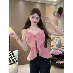 上衣夏季 大码 高级无袖 胖mm纯欲法式 甜美大蝴蝶结小吊带背心女修身