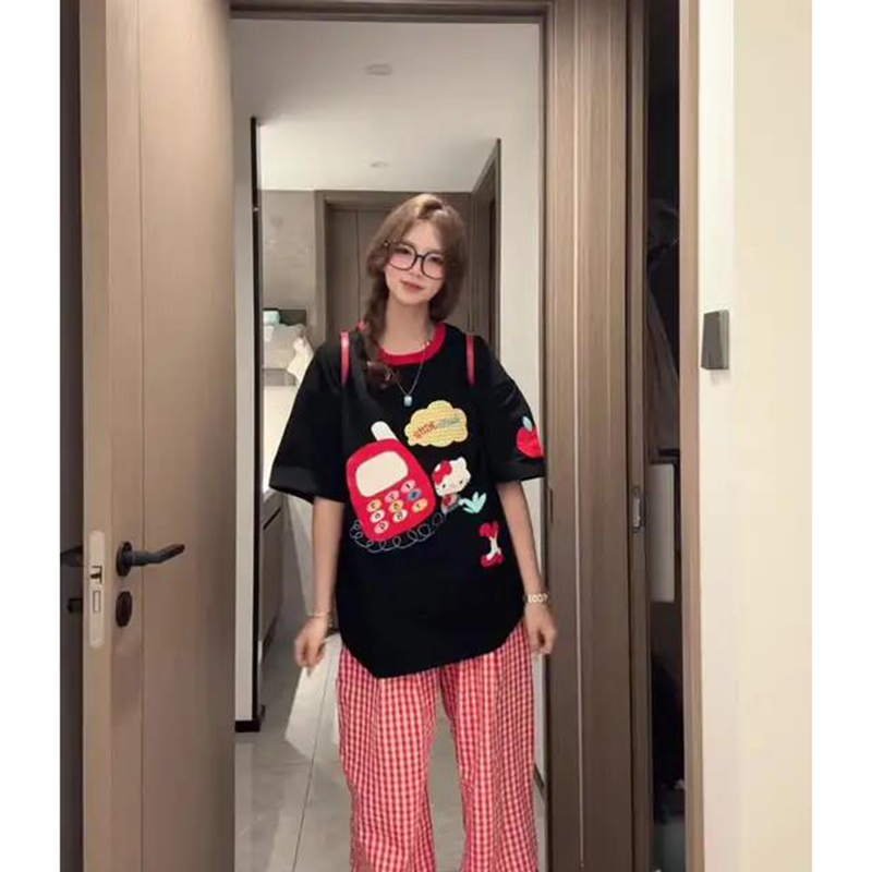 黑色正肩短袖t恤女夏季大码胖mm显瘦宽松慵懒设计感美式印花上衣