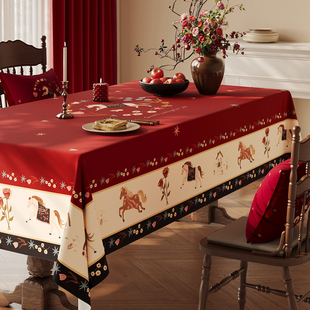 复古桌布红色马年氛围感装饰餐桌布防水防烫免洗长方形茶几遮盖布