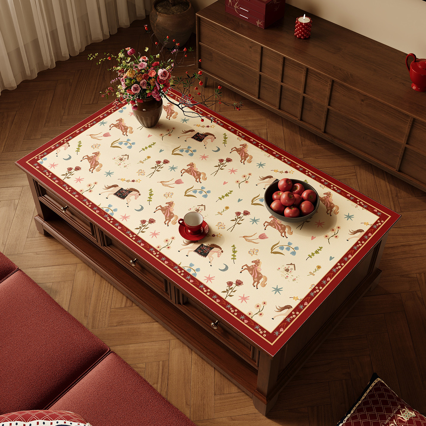 马年复古茶几桌垫新年喜庆氛围感桌布防水防油免洗茶几桌面保护垫,居家布艺,桌布,淘宝优惠券,粉丝福利购,淘宝优惠卷