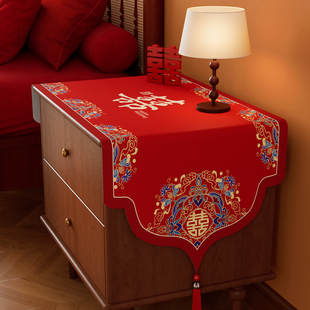结婚床头柜盖布2025新款红色喜庆婚房卧室装饰布置喜事婚礼防尘罩