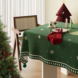 圣诞桌布节日氛围感装饰布置绿色2025新款茶几餐桌台布长方形盖布
