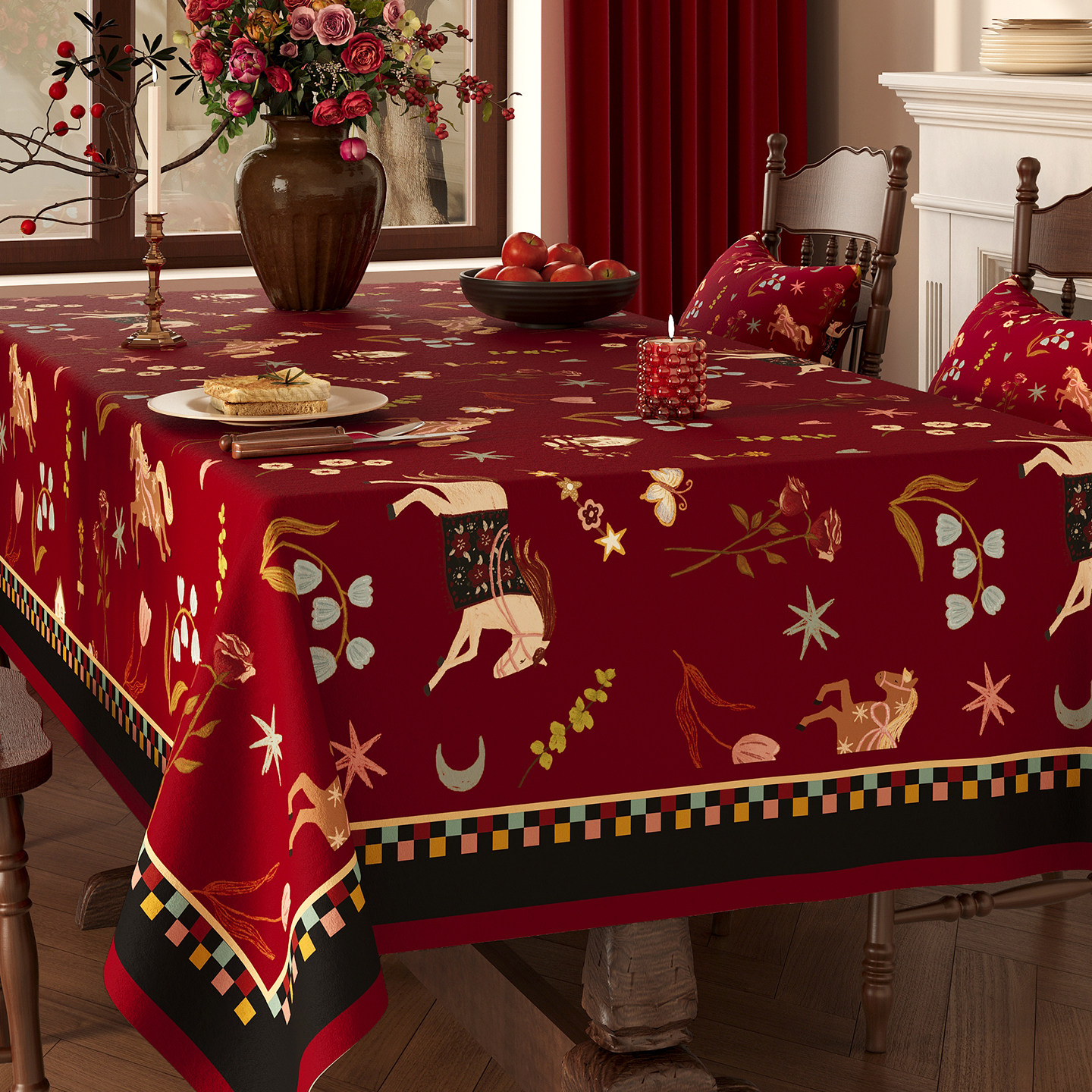 复古桌布红色马年氛围感装饰餐桌布防水防烫免洗长方形茶几遮盖布,居家布艺,桌布,淘宝优惠券,粉丝福利购,淘宝优惠卷