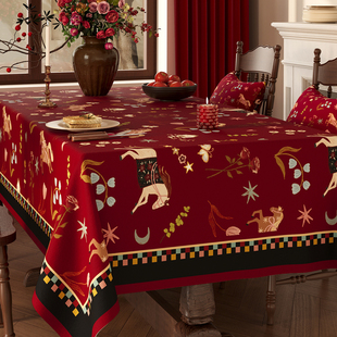 复古桌布红色马年氛围感装饰餐桌布防水防烫免洗长方形茶几遮盖布