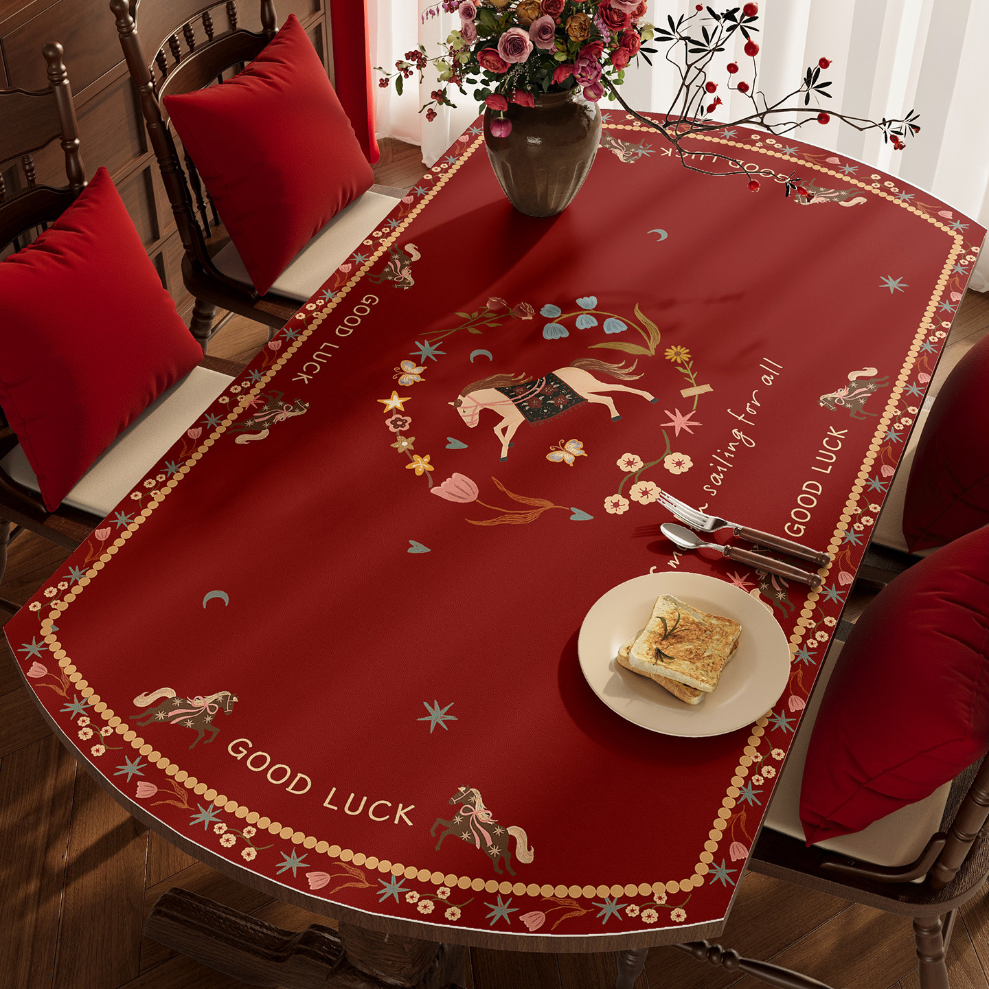 椭圆形桌垫复古新年马年装饰折叠圆桌台面保护垫防水防油免洗防烫,居家布艺,桌布,淘宝优惠券,粉丝福利购,淘宝优惠卷