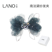 兰诺蓝色网纱印花蝴蝶结发夹女后脑勺半扎发2026新款 高端夹子头饰