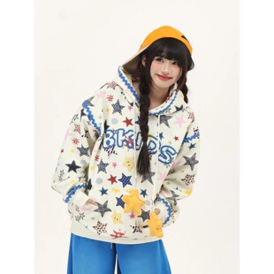 上衣 宽松休闲情侣帽衫 今喜Luck 星星满印连帽卫衣男女春秋美式