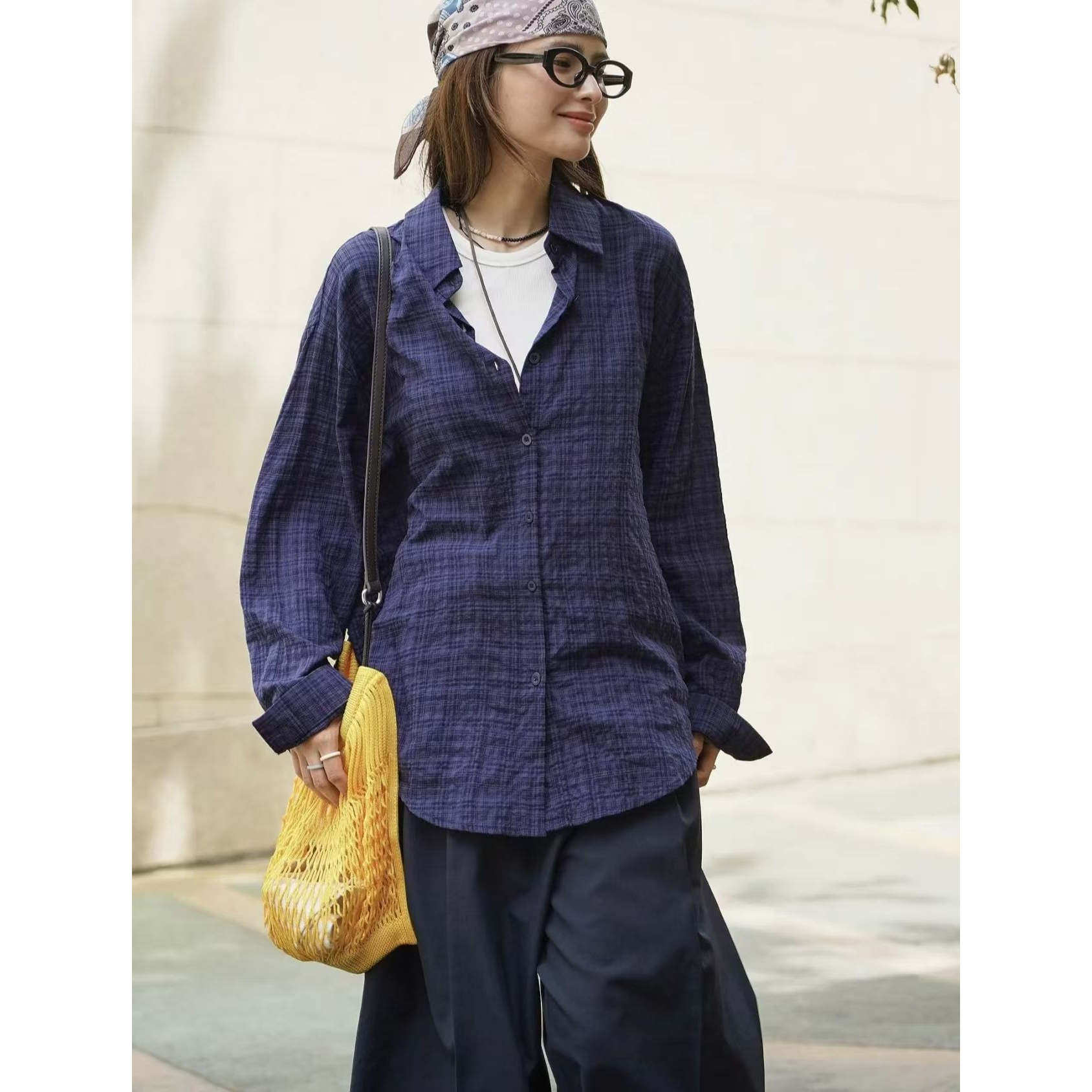 轻奢复古格子衬衫宽松慵懒风高级感衬衣格纹上衣长袖薄外套外穿女