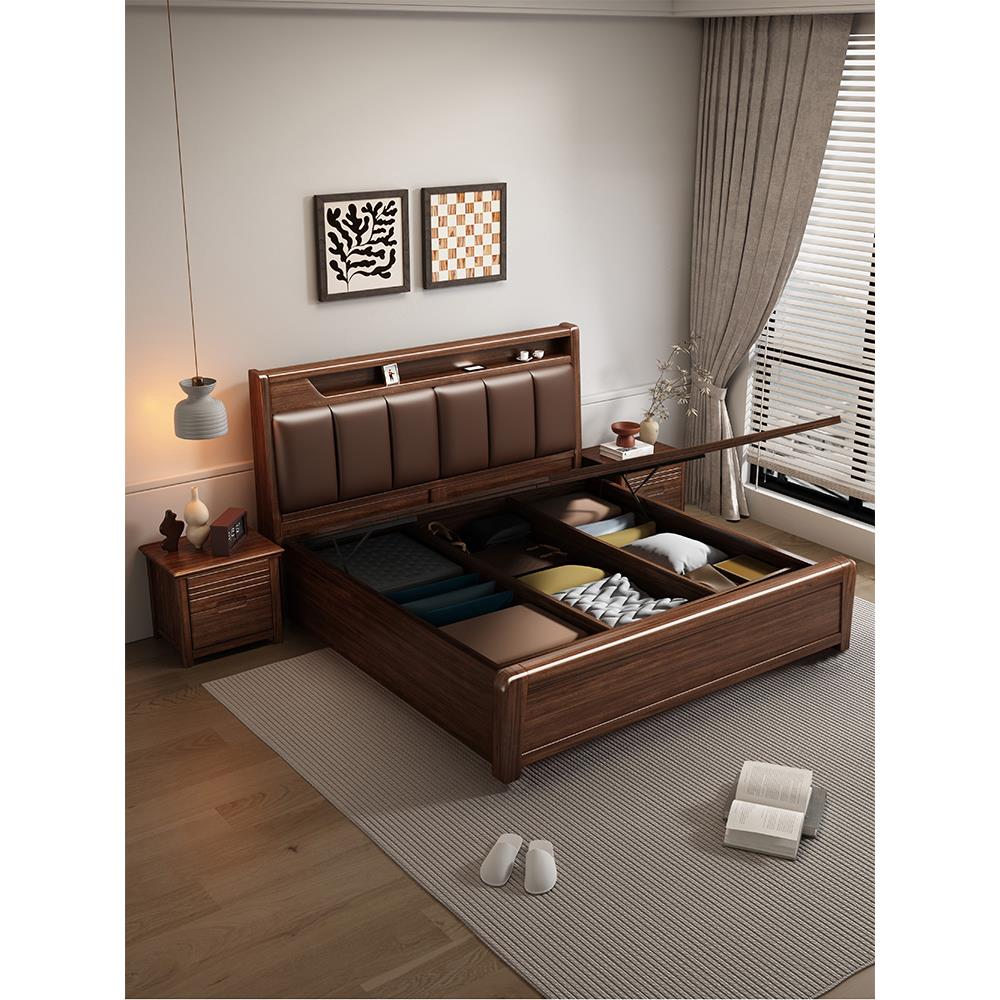 胡桃木实木软包储物床1.8x2米主卧双人大床现代简约中式轻奢婚床