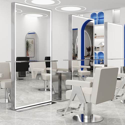 网红理发店镜台落地发廊专用带台面烫染美发店镜不锈钢单双面镜子