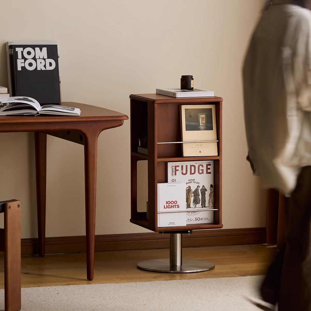 复古可旋转边柜白蜡木储物收纳柜卧室实木中古旋转书架沙发侧边柜