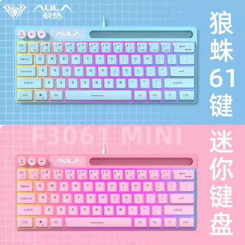 AULA狼蛛F3061迷你机械手感小键盘61键有线RGB台式笔记本平板便携