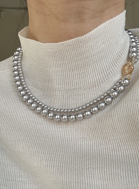 高品质仿施家珍珠双层扭扭麻花链美产14K包金两戴锁骨链项链