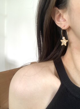 小众法式五角星星珍珠耳环女美产14k包金耳环高级耳饰