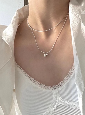 小众高级感单颗质感珍珠项链女夏季锁骨链双层蛇骨链轻奢叠戴