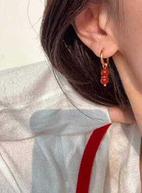 小众设计红玛瑙红色糖葫芦小提灯耳扣女新年氛围感高级感百搭耳饰