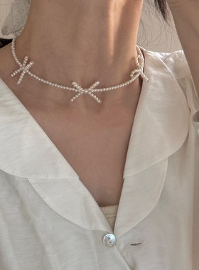 韩系气质少女甜美蝴蝶结项链珍珠手工串珠ins风简约S925锁骨链女