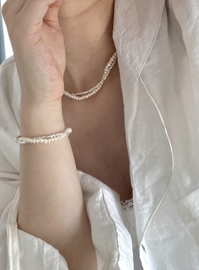 通体S925纯银碎银子双层天然珍珠缠绕项链女碎银几两小众设计轻奢