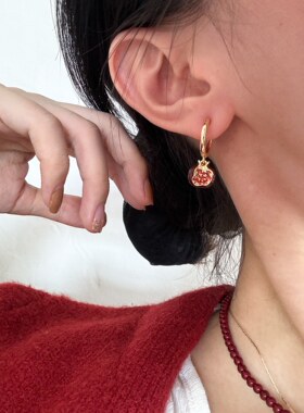 硕果累累石榴红了小众设计安哥拉红滴釉红石榴小众复古耳扣女