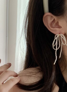 新款温柔串珠蝴蝶结流苏耳环长款轻奢甜美风耳饰小众高级感银针