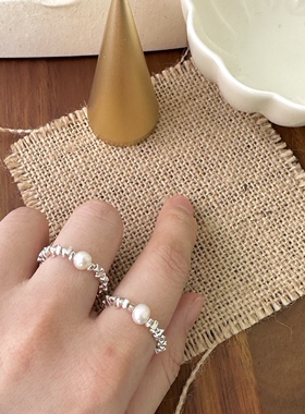 ins同款简约小众设计三角碎银子单颗天然珍珠戒指S925银