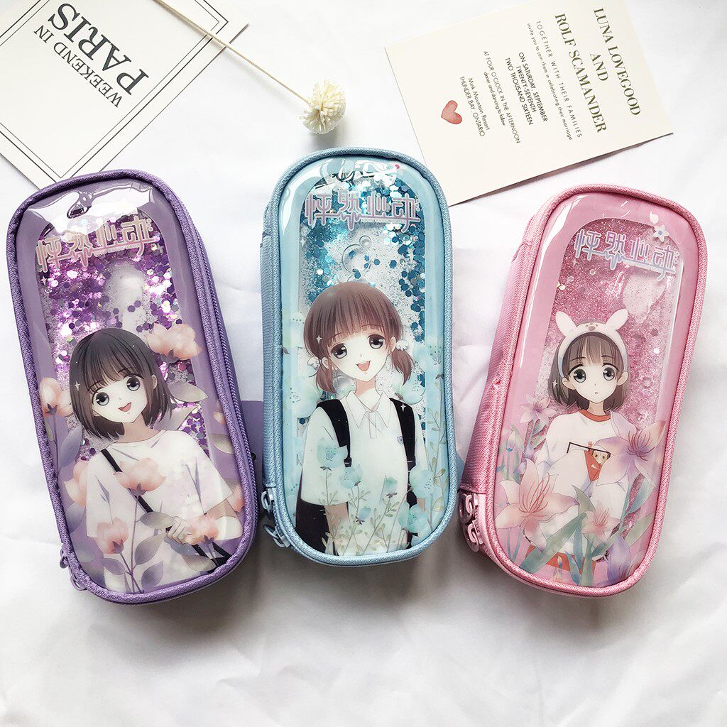 怦然心动网红少女孩流沙文具盒笔袋笔盒大容量学生入油笔袋文具袋