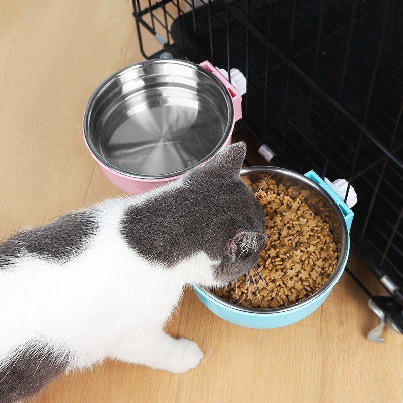 猫猫喝水加厚水盘拆洗壁挂式固定器内外猫碗食具不锈钢笼式饮食