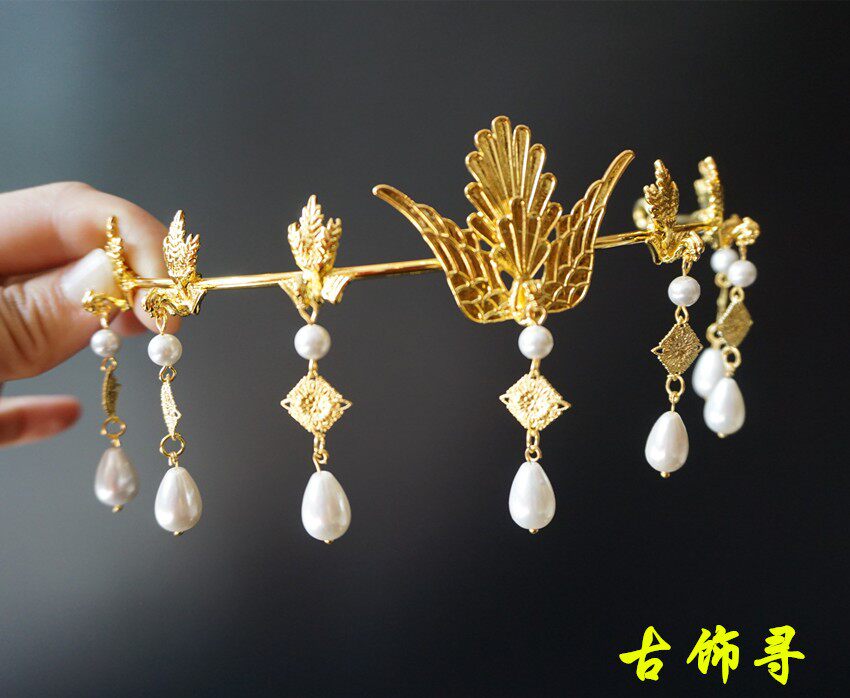 天然贝珠仙鹤红玛瑙古装发冠包邮