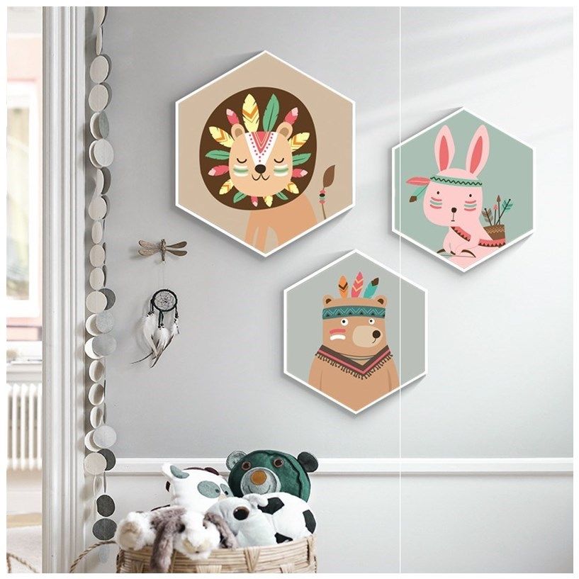 卡通墙体宾馆儿童房间六边形装饰画简约室内卧房布置简装可爱温