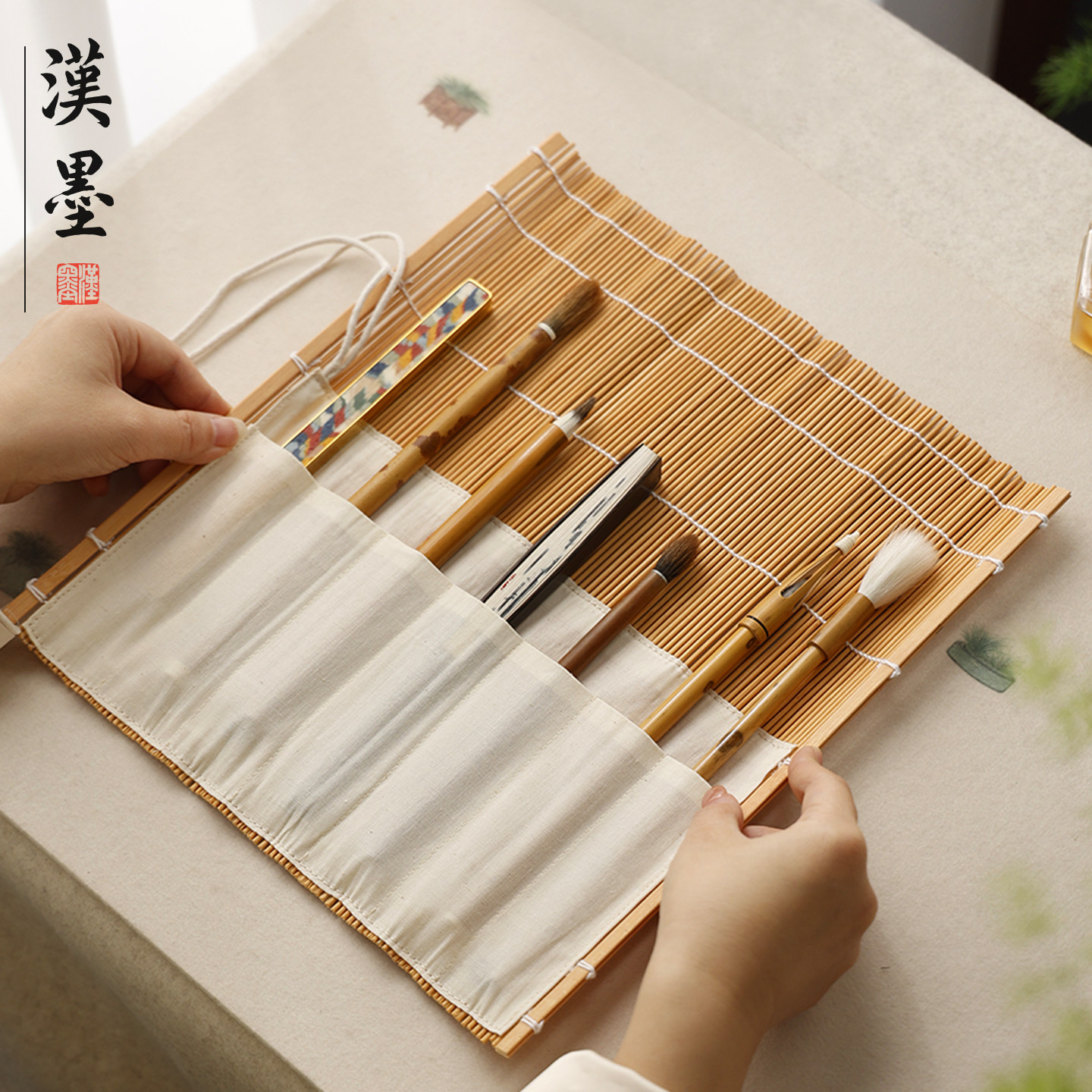 日式笔卷笔帘竹制毛笔收纳帘 笔帘毛笔便携袋 放毛笔文房四宝书法用品毛笔收纳盒筒  保护毛笔护具收纳