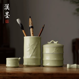 砚台书法专用练字砚台墨碟盛墨汁墨盒带盖双圈防干墨创意陶瓷砚台笔洗笔舔洗笔缸书法国画用品文房摆件