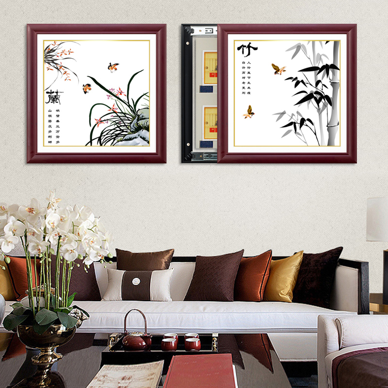 二联推拉中式遮挡电表箱装饰画配电箱挂画电闸箱S液压开关画免打