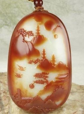 新疆和田玉籽料红皮山水吊坠独籽原石精雕L白肉羊脂玉石情侣玉挂