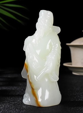 天然新疆和田玉籽料财神爷摆件手E把件精雕招财财神玉石把玩件