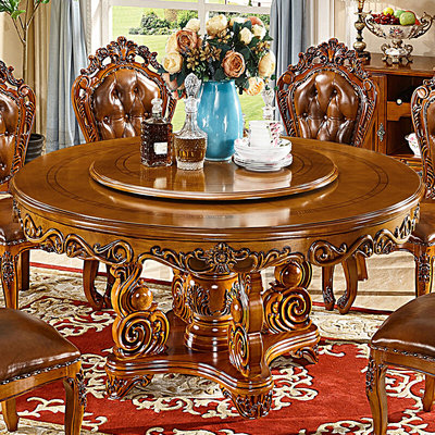 欧式圆桌实木雕花餐台电动带转盘双层饭桌酒店家用美式大理石餐桌