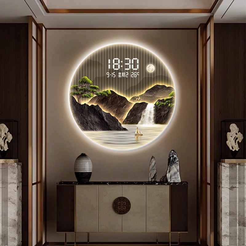 电子时钟迎客松客厅挂钟带灯装饰画圆形山水茶P室挂画生财玄关壁
