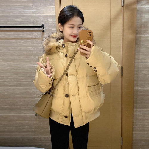 晶煊韩系冬装大毛领连帽羽绒棉袄