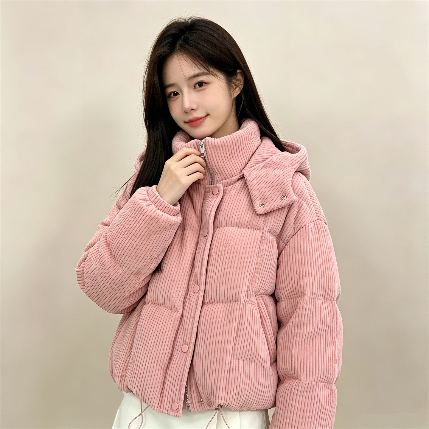 韩系不臃肿灯芯绒连帽羽绒棉服女冬2026新款今年流行爆款保暖外套