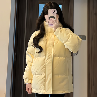 小个子加厚面包服 韩版 中戏短款 奶黄色连帽羽绒棉服女冬2025年新款