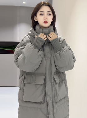 90白鸭绒大口袋连帽长款羽绒服女冬2025年新款韩版宽松百搭外套潮