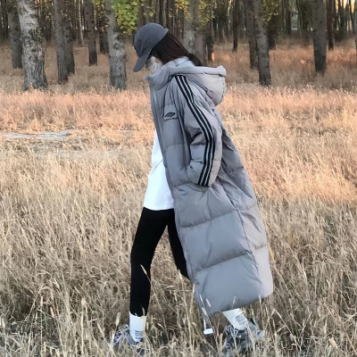 韩系冬装三条杠连帽羽绒棉袄棉服女年新款宽松中长款洋气棉衣