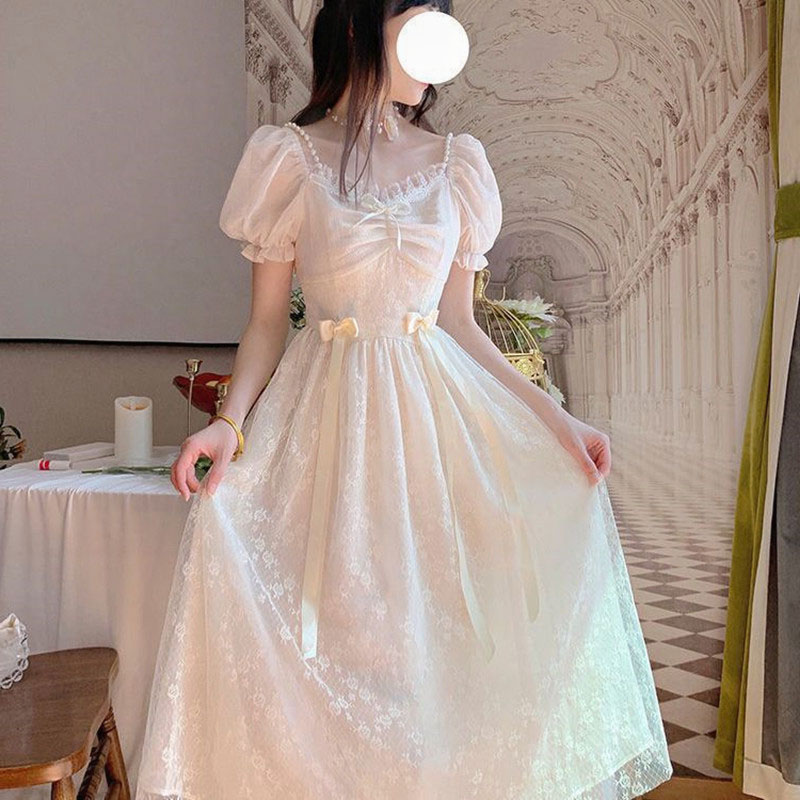 2025年夏季新款白月光蝴蝶结泡泡袖蕾丝边法式森系仙女裙连衣裙女