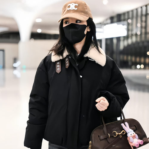 美式潮牌短款羊羔毛翻领羽绒棉袄