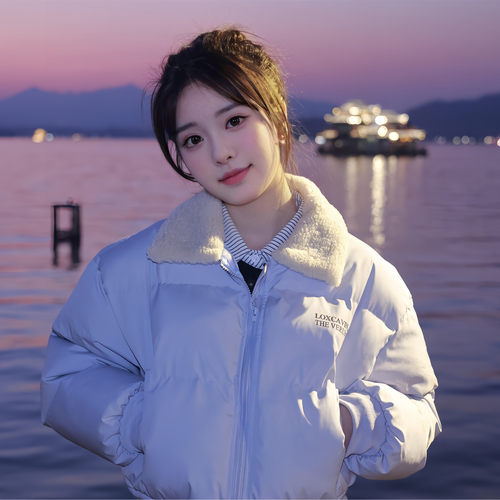 美式潮牌羊羔毛领短款羽绒棉袄女