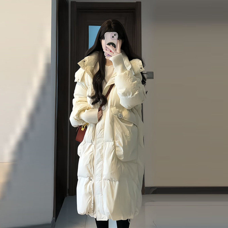 长款大口袋连帽羽绒服女加厚2025冬季新款宽防风螺纹袖白鸭绒外套,女装/女士精品,大码羽绒服,淘宝优惠券,粉丝福利购,淘宝优惠卷